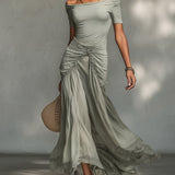 Clara - Vestido Maxi de Tecido Elástico e Chiffon Cinza para Mulher