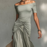 Clara - Vestido Maxi de Tecido Elástico e Chiffon Cinza para Mulher