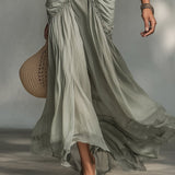 Clara - Vestido Maxi de Tecido Elástico e Chiffon Cinza para Mulher