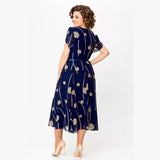 IVY | VESTIDO MIDI DE CHIFÓN COM ESTAMPADO DE POÁ AZUL MARINHO PARA MULHER