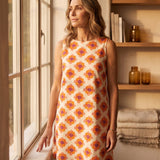 Marguerite — Vestido trapézio curto, estampado floral retro para Mulher