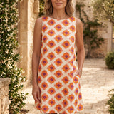 Marguerite — Vestido trapézio curto, estampado floral retro para Mulher