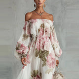 Pivoine | Vestido Maxi Floral com Ombros Descobertos, Mangas Longas para Mulher