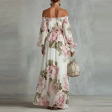 Pivoine | Vestido Maxi Floral com Ombros Descobertos, Mangas Longas para Mulher